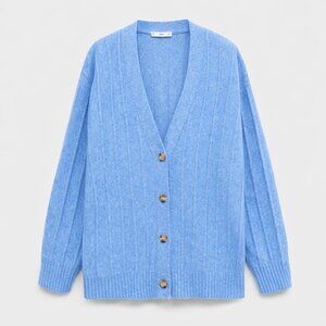 Mango Sky Blue V-Neck Ribbed Cardigan Sweater
